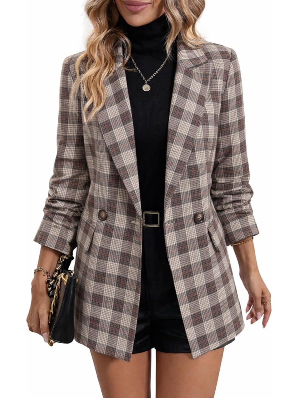 〽️Women's Grey Plaid Houndstooth Business Casual Work Cowl Neck Blazer Jacket